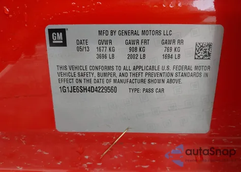 2013 Chevrolet Sonic Ltz Auto from USA, damaged, VIN 1G1JE6SH4D4229560